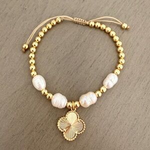 Gold and Cream Beaded Bracelet with Clover Charm